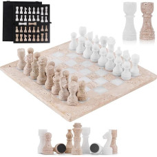 Schachspiel aus Marmor, 30 cm, handgefertigt aus Travertin und Weiß, mit Aufbewahrungsbox, luxuriöses Schachspiel für Erwachsene, mit Münzen und 2 zusätzlichen Königinnen. Elegantes Geschenk.