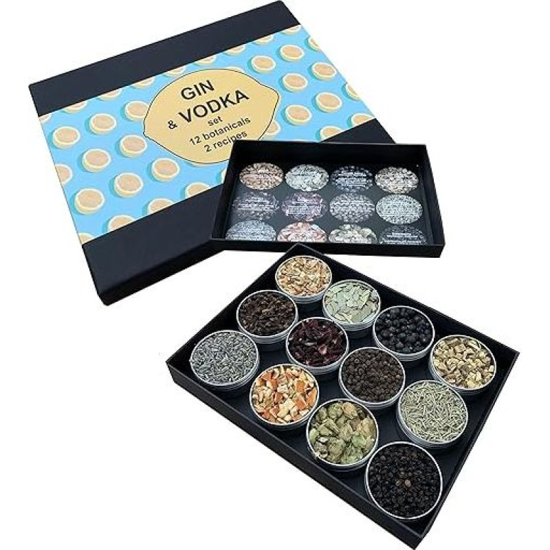 Džinas Dovanų rinkinys su 12 augalų ir 2 receptais - džino degustavimo rinkinys, kokteilių rinkinys, skirtas džino ir degtinės kokteiliams, ideali džino dovana vyrams ir moterims, džino dėžutė su prieskoniais