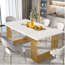 Tribesigns Dining Table for 8 People, 180 x 80 cm, Modern Kitchen Table in White and Gold, Rectangular Dining Table for Dining Room, Kitchen and Garden, Robust and Scratch-Resistant
