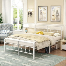 EMODA Metalinis lovos rėmas 160 x 200 cm Viktorijos stiliaus metalinė lova su galvūgaliu ir kojūgaliu, 36 cm aukščio, su plieniniu skersiniu pagrindu, be triukšmo, lengvai surenkama, balta