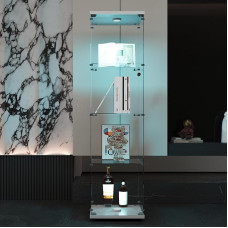 Teahutty Glass Display Case with 4 Shelves, LED Glass Storage Cabinet on Foot, Glass Cabinet with 1 Door and Lock, for Bedroom, Tempered Glass, 36.5 x 42.5 x 164 cm (White, 1 Door + 4 Levels + LED)