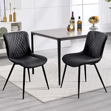 BERYTH Valgomojo kėdės 2 virtuvės kėdės su aukštu atlošu Minkštos kėdės su 5 cm sėdynės pagalvėle PU odos valgomojo kėdė Modernūs foteliai ir metalinės kojos Juoda