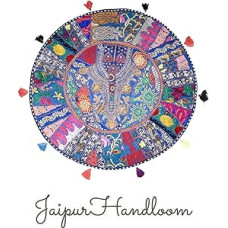 JaipurHandloom Indijos siuvinėtas Patchwork Round grindų pagalvėlė padengti pagalvėlės, Indijos gyvenamasis kambarys Pouf Dekoratyvinis Pouffe Pouffe, Indijos etninės apvalios Pouffe 43 cm arba 17 colių