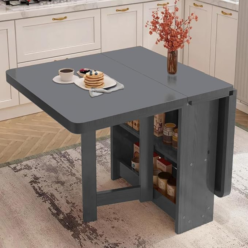 Klappbarer Küchentisch aus Massivholz mit Tropfenblatt, 2stöckiges Aufbewahrungsregal, vielseitiger faltbarer Ess- und Bürotisch, platzsparendes Multi-Konfigurationsdesign für Zuhause und Arbeit