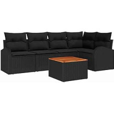 6-teiliges Garten Sofa Set mit Kissen Schwarz Poly Rattan Akazie, 2-Sitzer Garten Sofa mit Stauraum & Kissen Schwarz Poly Rattan Gartenlounge Model3356252