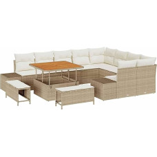 12-teiliges Garten-Sofa-Set mit Kissen in Beige Poly Rattan Akazie Gartenlounge Modelis3362816