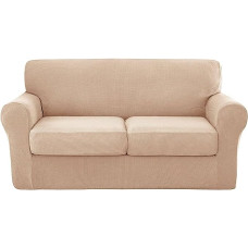 4 dalių tempiamas sofos užvalkalas sofoms su 3 pagalvėlėmis - minkštas užvalkalas su atskirais pagalvėlių užvalkalais, skalbiamas baldų užvalkalas svetainei (chaki, M)