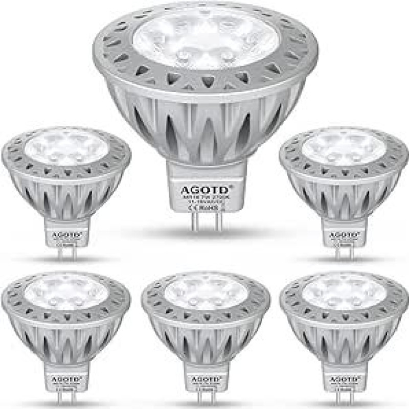AGOTD GU5.3 LED taškinės lempos, aliuminio MR16 LED 7 W 2700 K šiltos baltos spalvos 12 V lemputė pakeičia įprastas 50 W reflektorines lemputes, LED prožektorius, 38° spindulio kampas, 6 vnt.