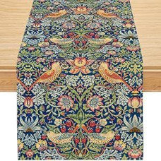 Senovinių paukščių stalo bėgikas Moriso stiliumi, botaninis gėlių raštas su braškėmis, retro meno ir amatų stalo apdaila valgomojo stalui, virtuvei, svetainei, 33 x 92 cm