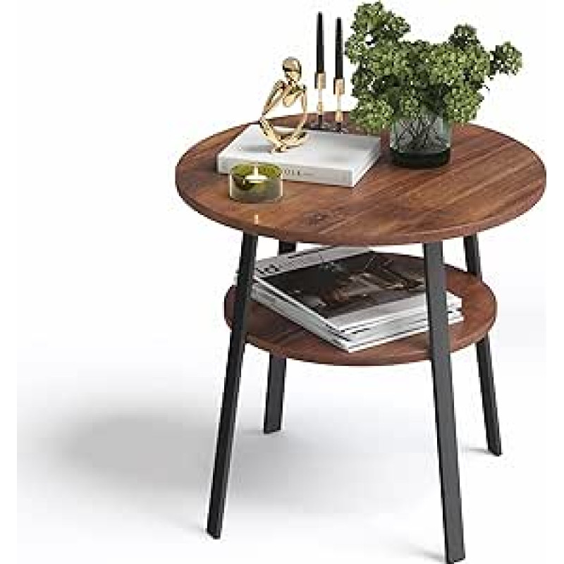 Apvalus šoninis staliukas Tvirtas metalinis rėmas / mediena Skersmuo 52 x H 54 cm 2 lentynos Naktinis staliukas Kavos staliukas gyvenamajame kambaryje Miegamojo kambarys Riešutmedžio išvaizda