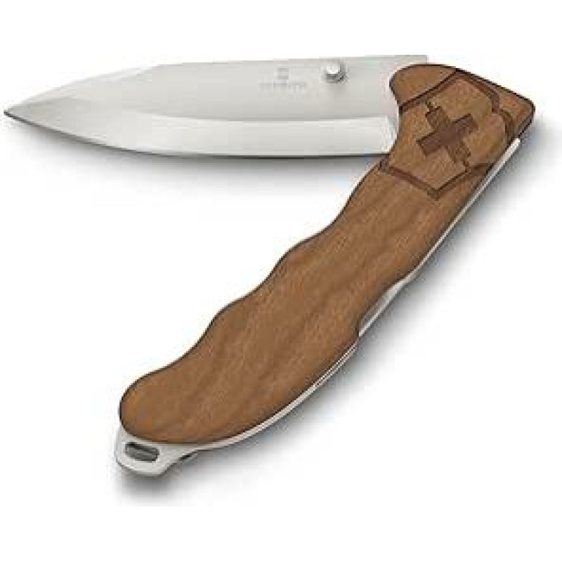 Victorinox Hunter Evoke Wood šveicariškas armijos peilis su medine rankena, lauko 4 funkcijos. 10 cm ilgio geležtė ir nykščio smeigtukas, rudos spalvos