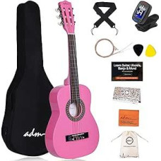 ADM 1/4 Children's Guitar Junior Concert Guitar for Beginners with Clip Tuner, Bag, Strap, Additional Strings and Picks, Pink