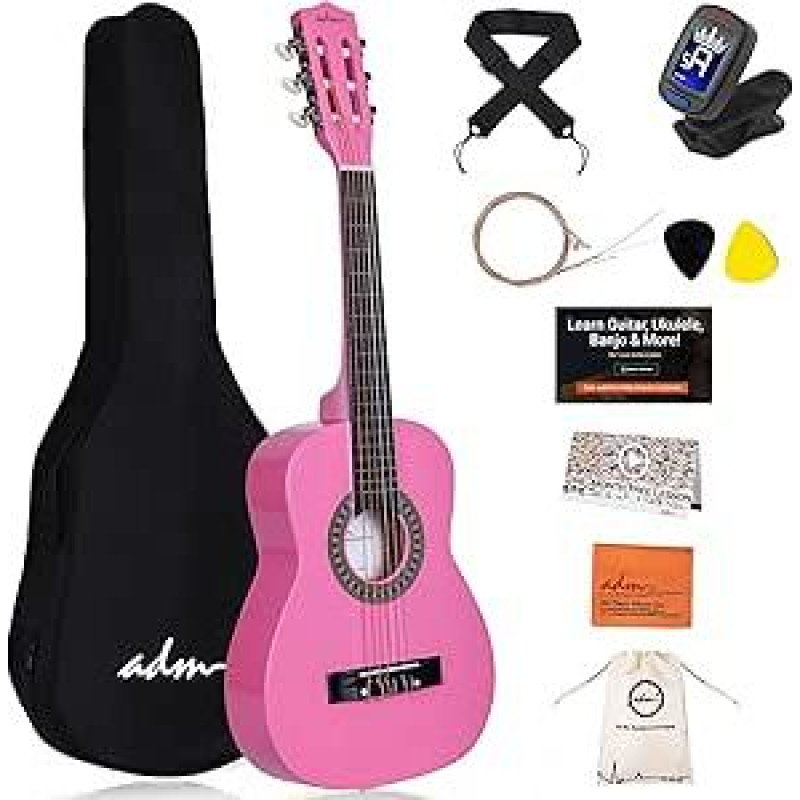ADM 1/4 vaikiška gitara Jaunesnioji koncertinė gitara pradedantiesiems su klipiniu derintuvu, krepšeliu, dirželiu, papildomomis stygomis ir kankorėžiais, rožinės spalvos