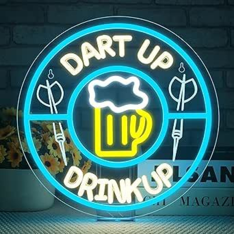 NYXEN Dart Up Drink Up LED neoninis ženklas, 32 x 32 cm, apšviečiamas - neoninis ženklas sienų dekorui, virtuvei, valgomajam, namų barui, sienų menui ir dovanų idėjai