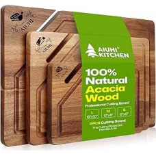 AIUHI Premium Schneidebretter aus Holz für die Küche, 3-teiliges Schneidebrett aus Akazienholz mit Saftrille, Schneidebrett aus Bio-Holz für ideale Wurstwaren, Fleisch & Gemüse