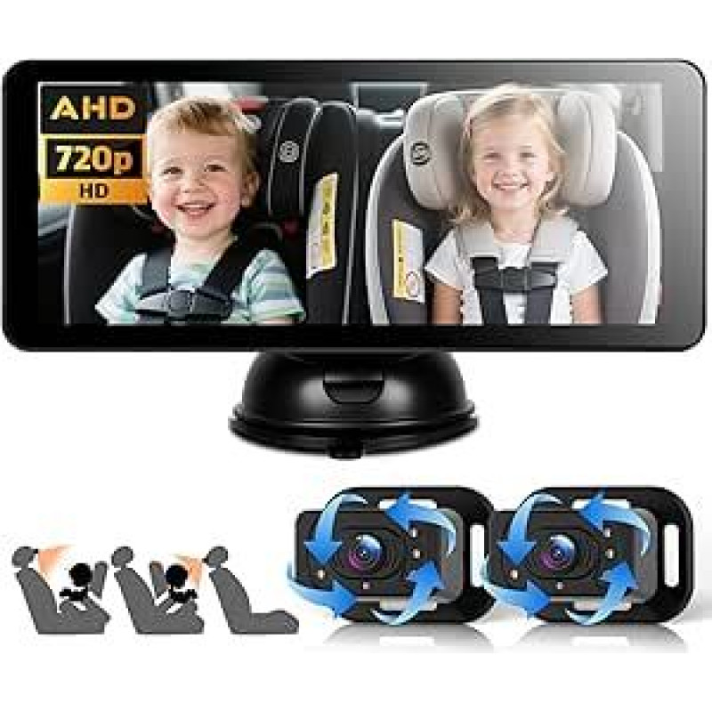 Dviguba kūdikių automobilinė kamera 2 vaikams su 6,86 colių padalytu ekranu HD 720P, 360° pasukama naktinio matymo saugos automobilio sėdynės veidrodžio kamera, siurbimo taurės laikiklis, greitas montavimas