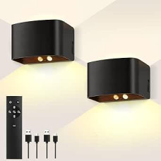 Pack of 2 Battery Wall Light Indoor with Motion Sensor, 3000 K Brightness Adjustable Indoor LED Wall Light with Remote Control, Adjustable Light Beam Wall Lamp for Bedroom, Living Room, Black