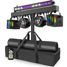 DJ Light DMX DJ Light System with Tripod, 2 x LED PAR, 2 x Derby and 1 x UV Strobe Light Strip, Music Controlled Stage Light Set for Party, Disco, Church, Wedding, Includes Remote Control and