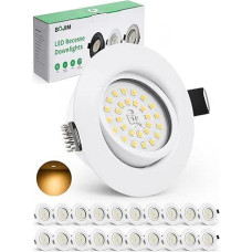 BOJIM LED prožektoriai, 230 V, plokšti, reguliuojamo apšvietimo, įleidžiami prožektoriai, LED šiltai balta, 5,5 W, 68-80 mm skylės matmenys, pasukami lubų prožektoriai, skirti virtuvei, svetainei, vonios kambariui, 20 vnt.