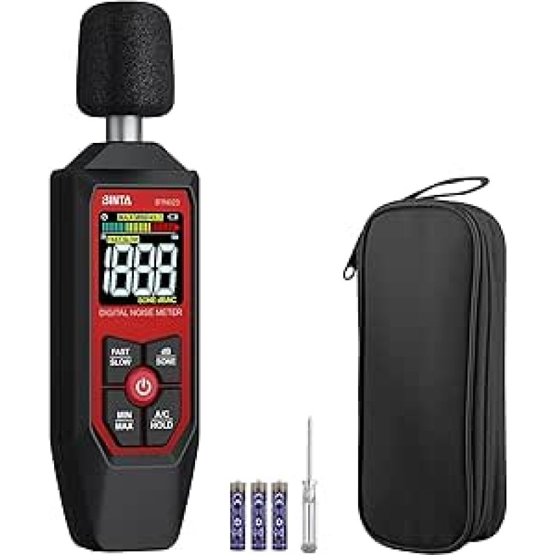 BINTA decibelų matuoklis Garso lygio matuoklis nuo 30 dB iki 130 dB su spalvotu LCD ekranu, A/C svertinis, MAX/MIN, dB/SONE vienetas, skirtas 