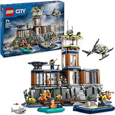 LEGO City Polizeistation auf der Gefängnisinsel, Polizei Spielzeug mit Hubschrauber, Boot und Hai, Set mit 7 Minifiguren und Hund, Geschenk zum Geburtstag für Jungen und Mädchen ab 7 Jahren 60419