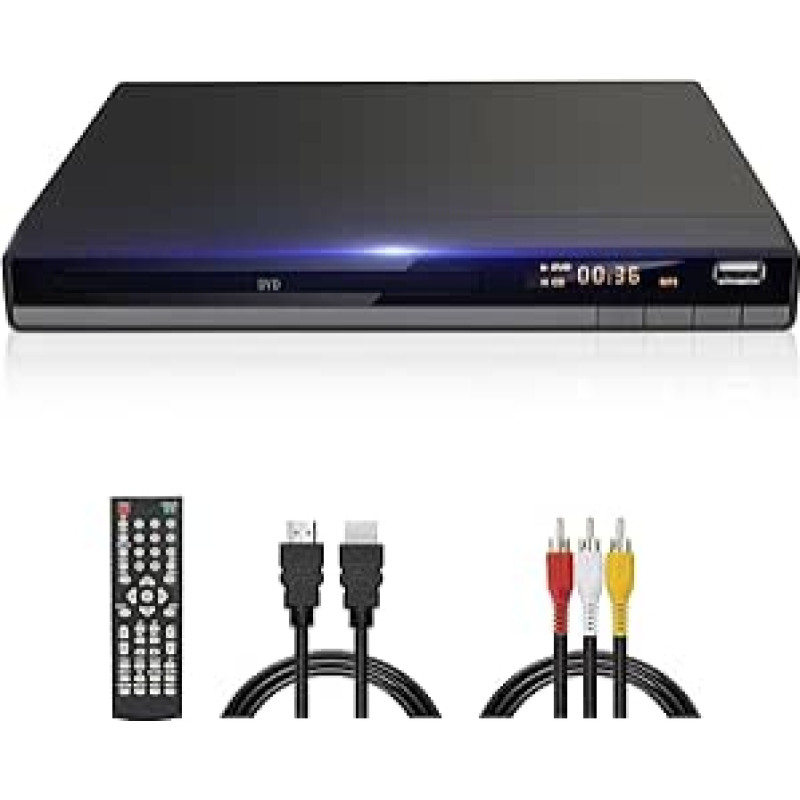 Kompaktiškas HD DVD grotuvas televizoriui su HDMI AV išvestimi ir kabeliu, 1080P DVD-CD grotuvas su USB įvestimi, be visų regionų, klaidų taisymas, integruota PAL NTSC sistema (juodas DVD-168)