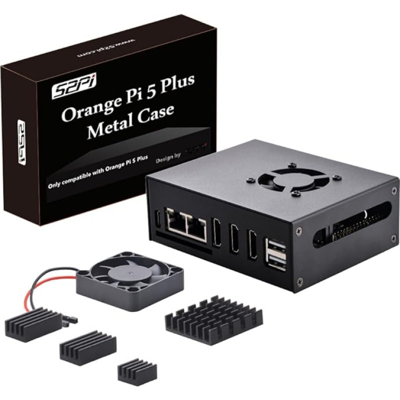 GeeekPi Orange Pi 5 Plus korpusas su ventiliatoriumi, Orange Pi 5 Plus metalinis korpusas su 40 mm ventiliatoriumi, 4 x radiatoriai, skirti Orange Pi 5 Plus 4GB/8GB/16GB