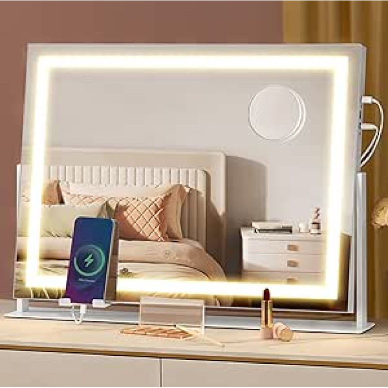 SONGMICS makiažo veidrodis su apšvietimu, 58 x 43 cm, kosmetinis veidrodis su 15 LED lempučių, su įkrovimo prievadais, jutiklinis valdymas, 3 šviesos spalvos, reguliuojamas apšvietimas, mobiliojo telefono laikiklis, matinės baltos spalvos LWM002W02