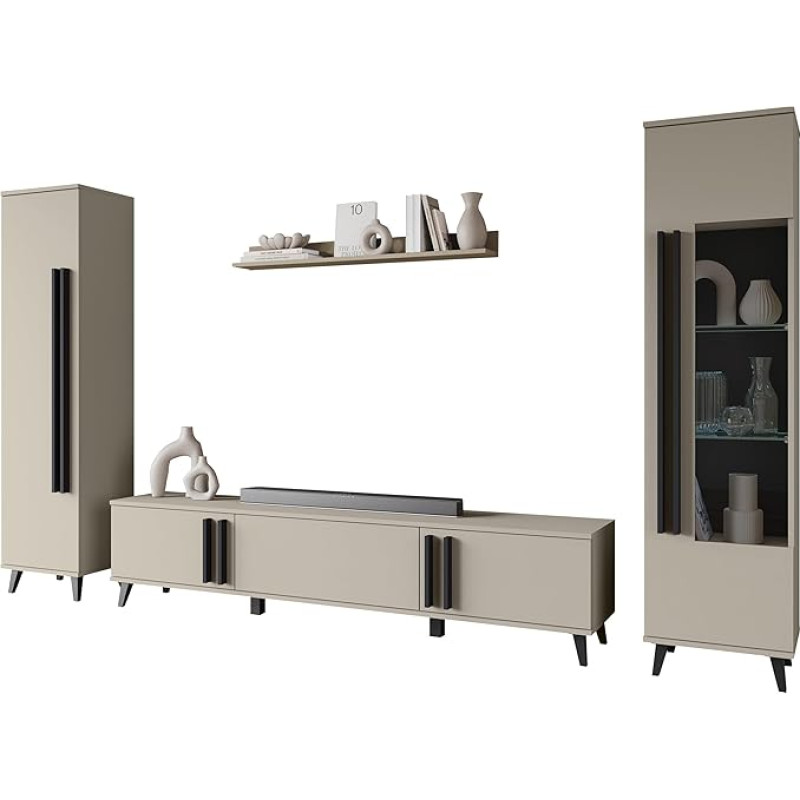 Mirjan24 Hailea II svetainės kambario komplektas, svetainės spinta, spinta komplekte: Lentyna, vitrina, sieninė lentyna, televizoriaus lentynėlė (Kongo/juodas grafitas, be apšvietimo)