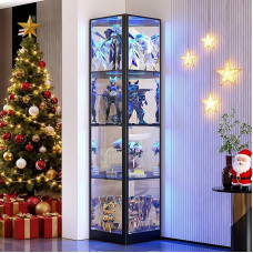 FREDEES stiklinė vitrina su LED apšvietimu, kampinė stiklinė vitrina, 4 pakopų kolekcionavimo vitrina kolekcionuojamiems daiktams, žaislams ir knygoms, veidrodinė spinta, juoda
