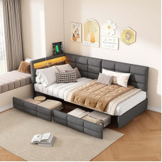 BSCFHCZ Minkšta dienos lova Viengulė lova 90 x 200 cm su 2 stalčiais, funkcinė dienos lova su LED ir USB + C tipo jungtimi, vaikiška lova, sofa-lova (pilka patalynė - L formos - 90 x 200 cm)