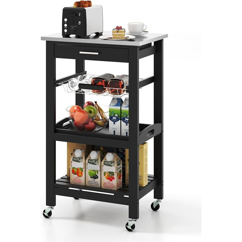 FANTASK serviravimo vežimėlis, 47 x 39 x 85 cm, siaura virtuvės lentyna su stalčiumi ir krepšeliu, virtuvės vežimėlis su nerūdijančio plieno stalviršiu, mažas virtuvės vežimėlis (juodas)