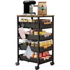 RMNKTHC Virtuvės vežimėlis su 5 lygiais ir 4 stalčiais, 360° ratukais su 2 stabdžiais, mediniu viršumi ir vėdinamais krepšeliais, skirtas vaisiams, daržovėms, mikrobangų krosnelėms laikyti virtuvėje ir svetainėje (32 x 38 x 38 x