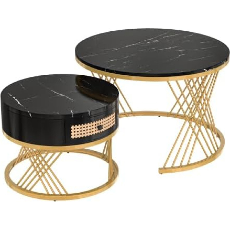 Set mit 2 runden Couchtischen mit Stauraum, Schwarz & Gold, niedriges Design, Rattan-Schubladen, perfekt für Wohnzimmer und Schlafzimmer, Nisttische für platzsparende Aufbewahrung