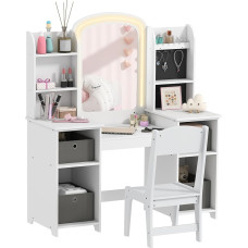 AIYAPLAY Kinderschminktisch mit Hocker und LED-Spiegel, Mädchenschminktisch aus Holz mit Stoffschubladen, offenen Regalen und Schmuckhaken, Schminktisch für 3- bis 8-Jährige, weiß