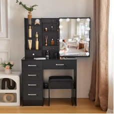 Buildonely Schminktisch mit Spiegel und Hocker, Schminktisch mit Lichtern, einstellbare Helligkeit, Schminktisch mit 6 Schubladen und 4 Ablagen, Schwarz, 80 x 36 x 131 cm, SD33290812