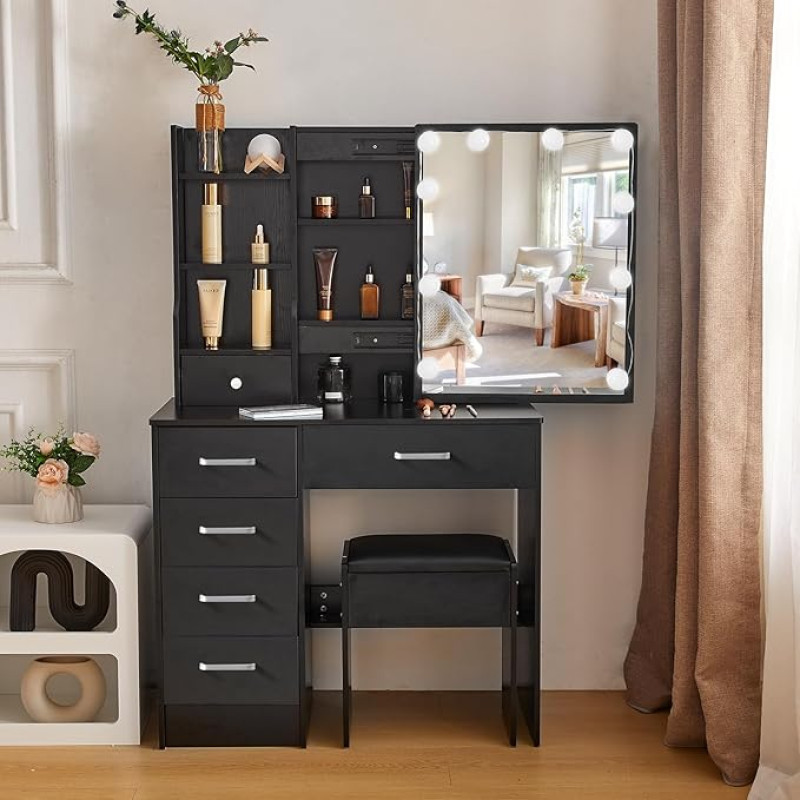 Buildonely Schminktisch mit Spiegel und Hocker, Schminktisch mit Lichtern, einstellbare Helligkeit, Schminktisch mit 6 Schubladen und 4 Ablagen, Schwarz, 80 x 36 x 131 cm, SD33290812