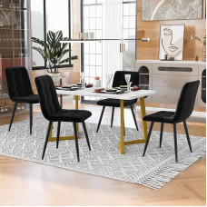 KUAKE valgomojo stalas su 4 kėdėmis, 117 x 68 cm, stačiakampis valgomojo stalas, modernus virtuvės stalo komplektas, aksominės virtuvės kėdės, auksinės stalo kojos (juodos spalvos)