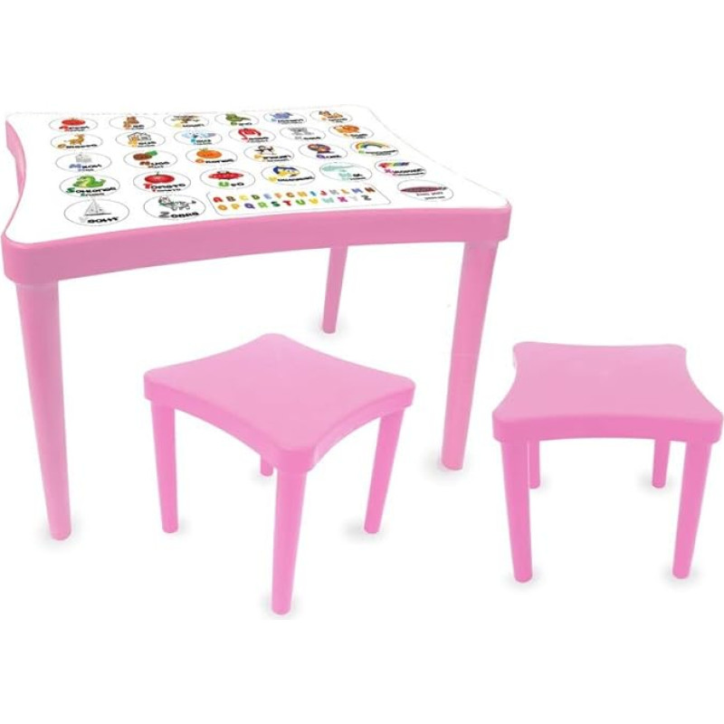 JAMARA 460736 Easy Learning 3 dalių vaikiškų baldų komplektas pagamintas iš tvirto plastiko, tinkamas naudoti patalpose ir lauke, suapvalintais kraštais, išardomas taupant vietą, stalo stalviršis su mokomaisiais paveikslėliais,