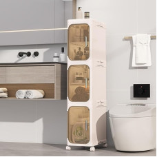 KHNR siaura vonios kambario spintelė su 3 lygiais ir ratukais, 20 x 33 x 97 cm, sulankstoma, su magnetinėmis durelėmis, atspari vandeniui ir pelėsiui, PP plastiko lentyna su lentynomis, kreminės baltos spalvos su permatomais elementais