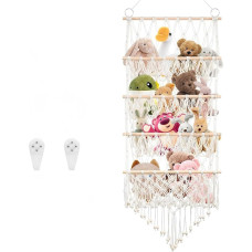 GIOTUK 4-lagiger hängender Spielzeug-Aufbewahrungs-Organizer - Beige Plüschtier-Hängematte für Kinder, Baumwollseil-Netz mit Holzperlen, große Kapazität, Kinderzimmer, Stofftierhalter für Schlafzimmer