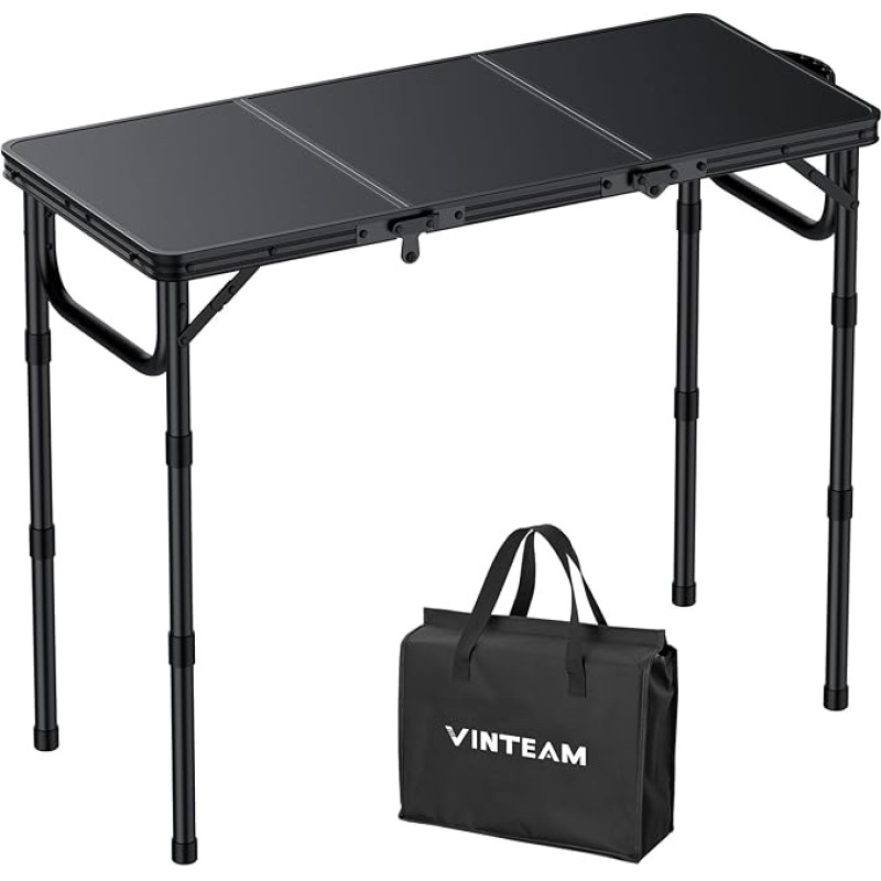 VINTEAM sulankstomas stovyklavimo stalas, 87 x 40 cm, 3 sulankstymai, 3 kryptimis reguliuojamas aukštis, aliuminio sulankstomas stalas, balkono stalas, šoninis stalas, sodo stalas, lengvas ir nešiojamas, idealiai tinka stovyklavimui, griliui, piknikui