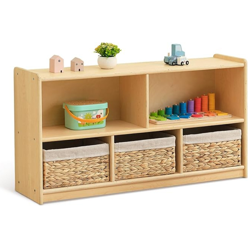 OOOK Montessori knygų spinta, 2 aukštų, 5 skyrių, vaikų žaislų spinta, medinė, žaislų lentyna vaikų kambariui, klasei