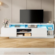 FammyLoft TV Schrank bis 70 Zoll, TV Lowboard mit LED-Anzeigen, Fernsehtisch mit Offener Stauraum, TV lenta, Fernsehschrank, Sideboard, für Schlaf- und Wohnzimmerschrank, Hochglanzdesign, 190cm, Weiß