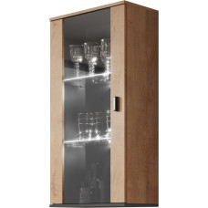 Mirjan24 Soho S2 pakabinama vitrina, stiklinė vitrina, spintelė, svetainė, aukštoji lenta, spintelė (ąžuolas Lefkas / Lefkas ąžuolas + juoda, su mėlynu LED apšvietimu)