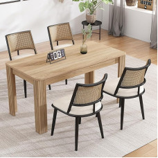 Merax Rattan Dining Room Chairs, Set of 4, Kitchen Chairs, Vintage Wood Upholstered Chairs with Wooden Legs, Rattan Backrest & PU Seat, for Dining Room, Kitchen, Living Room, Black