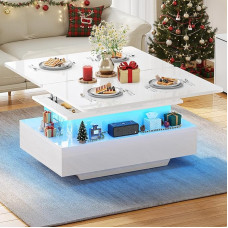 YITAHOME Coffee Table Height Adjustable Living Room Table High Gloss with 2 Drawers and LED, Coffee Tables with Hidden Coffee Table Compartment Convertible into Dining Table