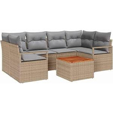Rantry 7-teiliges Garten-Sofa-Set mit Kissen Beige Poly Rattan Akazie Gartenlounge Model3347658