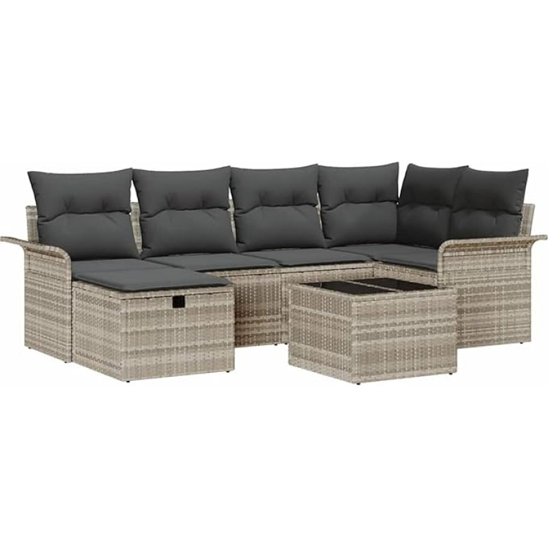 Rantry 7-teiliges Garten Sofa Set mit Kissen Hellgrau Poly Rattan Gartenlounge Model3358891