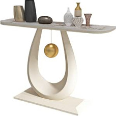 Eleganter Konsolentisch mit Rockboard-Platte und Eisengestell, schmaler Eingangstisch mit abgerundeten Kanten und geschwungenen Seiten, goldener Akzent für Foyer, Flur und Sofa (Weiß & Beige)